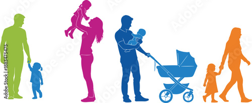 Colorful Silhouettes of Diverse Parents and Young Children Representing Modern Family Life Childcare Parenting and Growth in a Minimalist Style