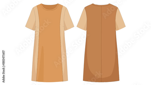 Modern women's casual short-sleeve shift dress technical flat sketch, presenting clear front and back views with two-tone color-blocked paneling for