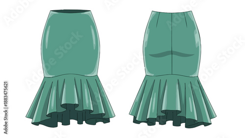 A detailed technical illustration showcasing the front and back views of a elegant seafoam green mermaid flare skirt design, perfect for fashion