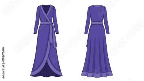 Elegant long-sleeved purple maxi wrap dress illustration with tie belt, showcasing versatile front and back views of contemporary fashion