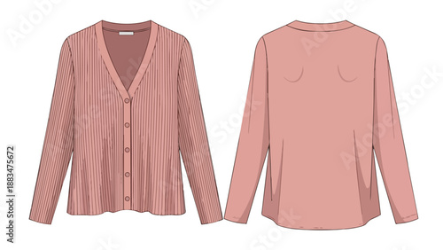 Elegant ribbed pink cardigan flat lay design illustration showcasing front and back views a versatile piece for contemporary women's fashion apparel.