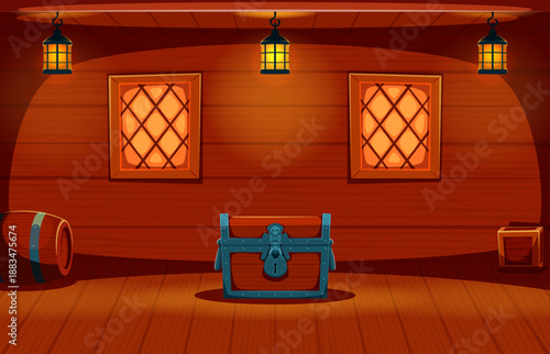 Wooden pirate cabin room vector interior with glowing lanterns hanging from the ceiling. Cartoon scene with two barred windows illuminate a locked treasure chest, with barrels and crates on the floor