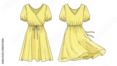 Cheerful yellow wrap dress design with puff sleeves and flowing skirt for comfortable warm-weather style