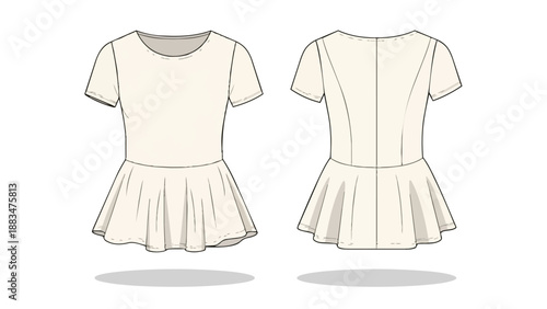 Precise technical flat fashion sketch illustrating a short-sleeved peplum top, displaying front and rear views, crucial for clothing pattern