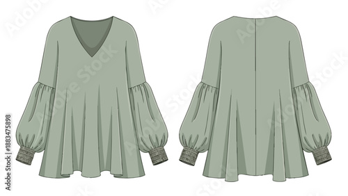 Elegant V-neck blouse technical flat sketch with voluminous sleeves and smocked cuffs perfect for fashion design and apparel