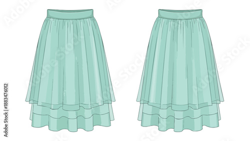 Fashion technical drawing of a layered mint green midi skirt, highlighting its elegant tiered structure and fluid design for stylish apparel concepts.