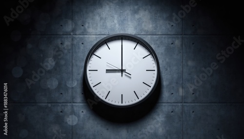 Wallpaper Mural Minimalist black and white wall clock showing nine o'clock hangs on a dark industrial concrete wall with dramatic spotlight lighting and a moody atmosphere Torontodigital.ca