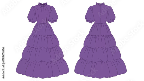 Elegant purple tiered maxi dress design with voluminous sleeves and ruffled collar for fashion concept