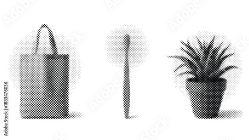 halftone illustrations of shopping bag potted plant and feather on white background
