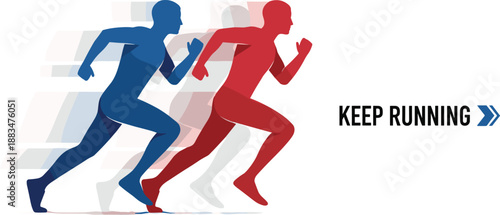 Colorful silhouette of marathon runners with keep running text, vibrant artistic sneakers with paint splashes, fitness motivation for sports and competition.