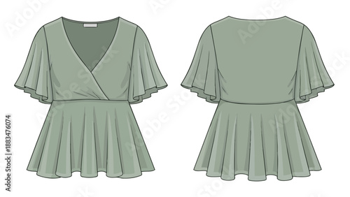Sage green women's wrap top with V-neck, flutter sleeves and peplum hem. Fashion flat vector for apparel design and development.