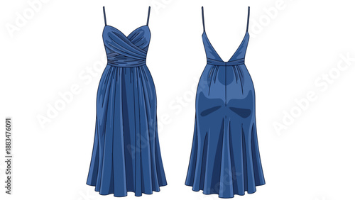 Sophisticated blue evening dress flat sketch illustrating elegant front and back designs perfect for formal events highlighting fluid draping and