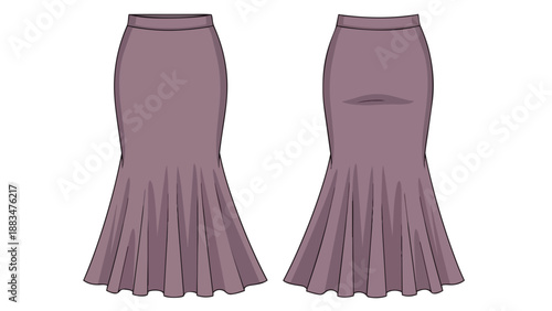 Elegant women's flat sketch of a mermaid silhouette skirt in a soft dusty purple hue with a detailed pleated hem for fashion design projects and