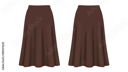 A pair of elegant brown midi skirts showcasing a fluid silhouette and practical design ideal for various fashion ensembles and everyday wear