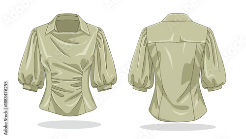 Elegant women's draped blouse with charming puff sleeves in soft green