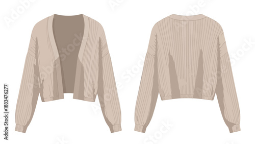 Rendered fashion illustration of a cozy light beige cropped cardigan showing its open front and ribbed back details an ideal versatile piece for