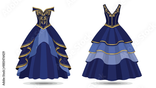 Regal blue and gold fantasy gowns featuring ornate embroidery and voluminous layered skirts, perfect for fairytale illustrations, costume design,