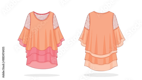 Elegant coral-pink layered blouse with delicate polka dot mesh sleeves front and back views showcasing modern feminine apparel design