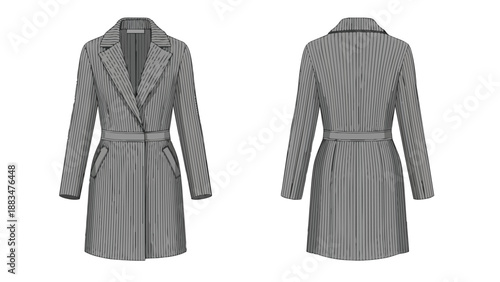 Sophisticated grey belted trench coat design illustration showcasing contemporary outerwear style for professional women's fashion template with