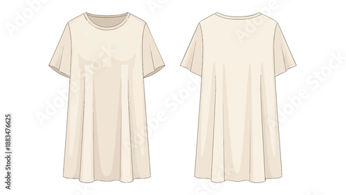 Front and back technical fashion illustration of a comfortable loose-fit short-sleeved casual dress design sketch perfect for modern apparel pattern