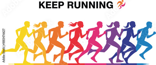 Colorful silhouettes of men and women runners with keep running text, vibrant marathon concept for fitness motivation, health and sports.