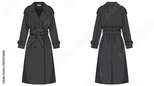 Sleek charcoal trench coat flat sketch, front and back, for contemporary fashion design inspiration.