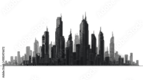 City skyline silhouette with tall skyscrapers and buildings in gray halftone effect