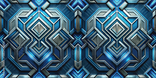 Intricate geometric pattern in metallic blue and silver tones, creating a futuristic texture.