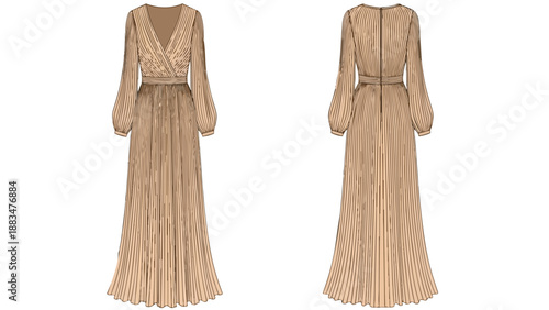 Elegant evening maxi dress technical flat sketch illustrating a long-sleeved pleated design with a chic V-neck wrap bodice and a defined waistline