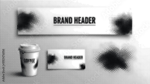 Brand header template with coffee cup and business card on table