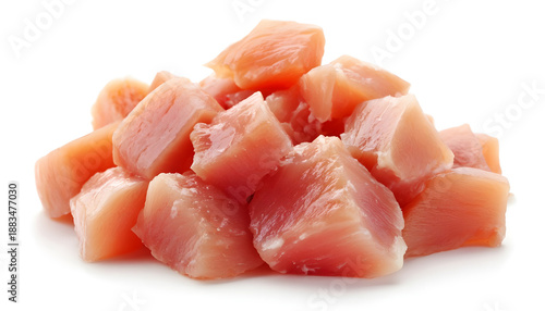 Raw diced chicken fillet isolated on white background with full depth of field.