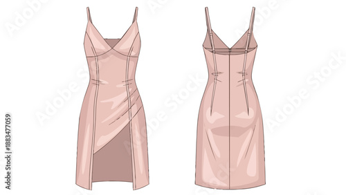Elegant front and back fashion illustration of a modern slip dress design featuring thin straps and a draped silhouette