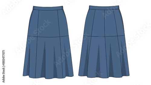 Precision technical blueprint of a graceful blue pleated midi skirt, displaying both front and rear views. Essential for detailed garment pattern