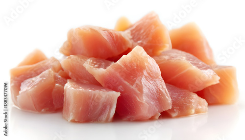 Raw diced chicken fillet isolated on white background with full depth of field.