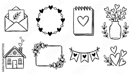 Minimalist Hand-Drawn Decorative Elements Vector Set with Pink Accents, hand drawn frames, minimalist vector elements, pink envelope illustration, heart string circle, notepad with heart, 