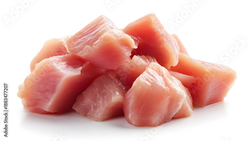 Raw diced chicken fillet isolated on white background with full depth of field.