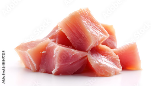 Raw diced chicken fillet isolated on white background with full depth of field.