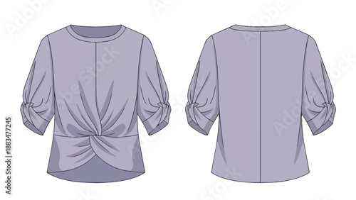 Lavender blouse technical drawing. Features front twist detail, gathered three-quarter sleeves. Front and back views for garment pattern design and