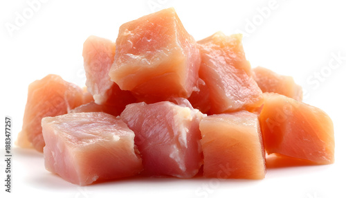 Raw diced chicken fillet isolated on white background with full depth of field.