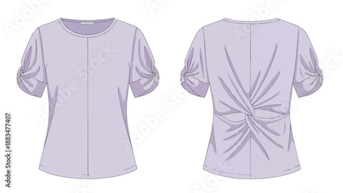 Contemporary lavender short-sleeve top design with unique back twist detail and stylish ruched sleeves showcasing modern apparel aesthetics for