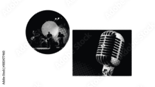 Vintage microphone and vinyl record on a dark background