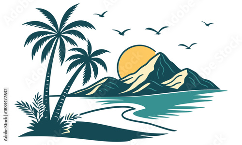 Tropical Beach Sunset Vector – Palm Trees, Ocean, and Mountain Landscape Illustration .
