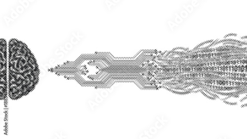 Halftone brain with digital signal transmission to a futuristic circuit  technology concept