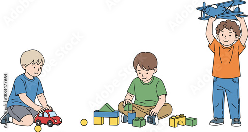 Colorful vector illustration of young boys playing with toy car building blocks and airplane isolated on white background for childhood.