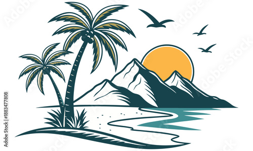 Tropical Beach Sunset Vector – Palm Trees, Ocean, and Mountain Landscape Illustration .