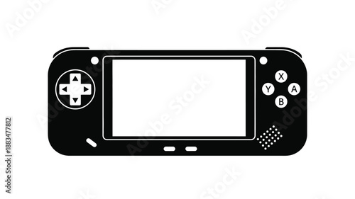 a black and white illustration of a handheld gaming console with buttons