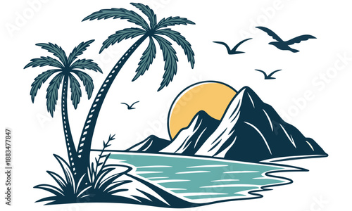 Tropical Beach Sunset Vector – Palm Trees, Ocean, and Mountain Landscape Illustration .