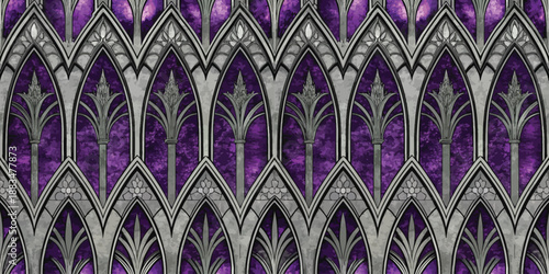 Intricate Gothic stained glass pattern in purple and silver hues.