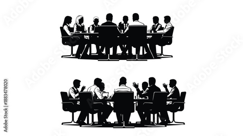 a black and white silhouette illustration of a group of people around a table