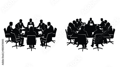 a silhouette depiction of a large group of people seated around a conference table